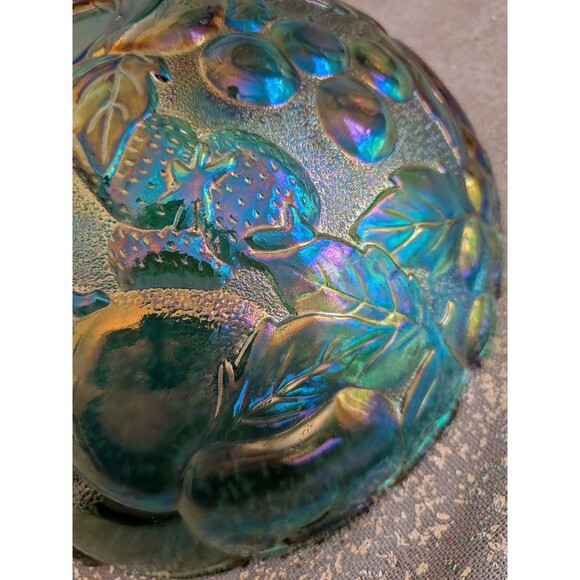 Indiana Carnival Glass Madeira Round Raised Fruit/Punch Bowl Iridescent Teal VTG - Picture 7 of 12